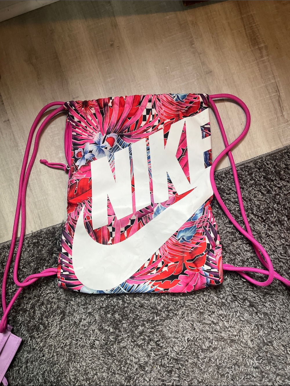 Nike Pink Floral Drawstring Backpack with White Logo